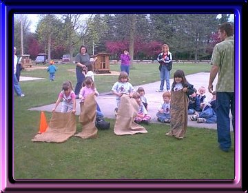 Getting ready for the potato sack race!